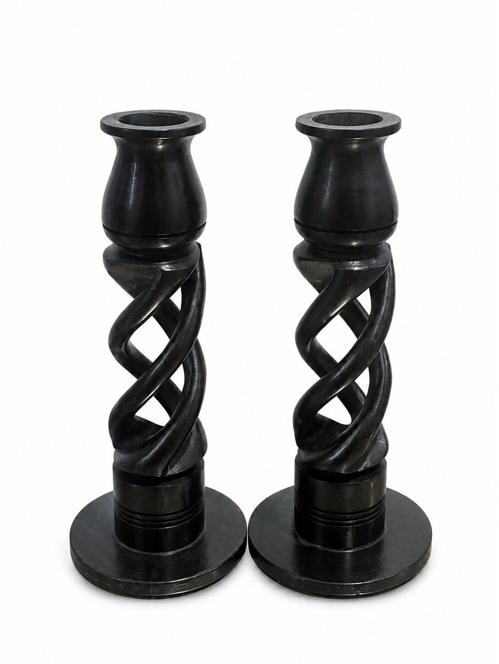 Pair of vintage hand carved African ebony twist candlesticks
